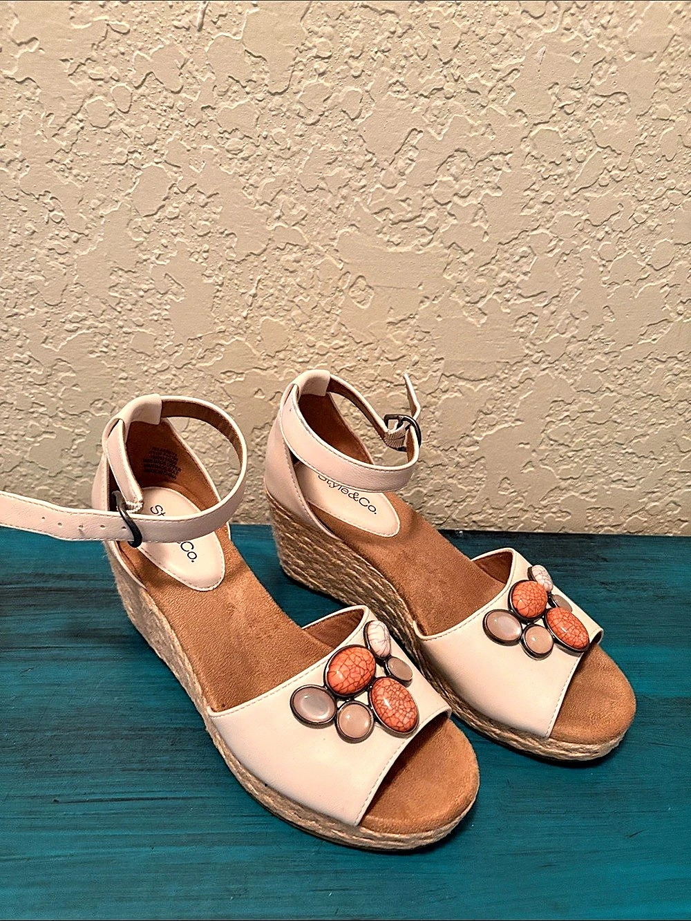 Cream Embellished Wedge Sandals